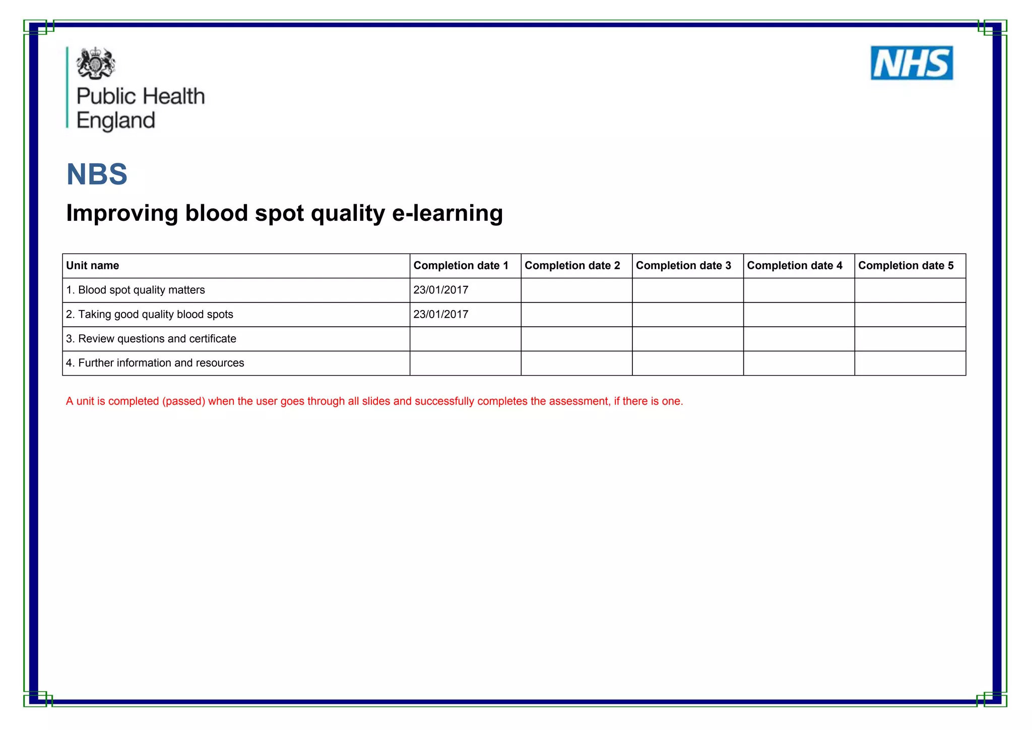 NBS
Improving blood spot quality e-learning
Unit name Completion date 1 Completion date 2 Completion date 3 Completion date 4 Completion date 5
1. Blood spot quality matters 23/01/2017
2. Taking good quality blood spots 23/01/2017
3. Review questions and certificate
4. Further information and resources
A unit is completed (passed) when the user goes through all slides and successfully completes the assessment, if there is one.
 