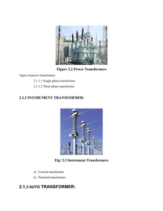 Figure 2.2 Power Transformers
Types of power transformer:
2.1.1.1 Single phase transformer
2.1.1.2 Three phase transformer
2.1.2 INSTRUMENT TRANSFORMER:
Fig: 2.3 Instrument Transformers
a) Current transformer
b) Potential transformer
2.1.3 AUTO TRANSFORMER:
 