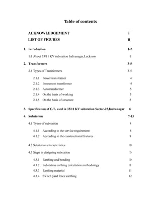 Table of contents
ACKNOWLEDGEMENT i
LIST OF FIGURES ii
1. Introduction 1-2
1.1 About 33/11 KV substation Indiranagar,Lucknow 1
2. Transformers 3-5
2.1 Types of Transformers 3-5
2.1.1 Power transformer 4
2.1.2 Instrument transformer 4
2.1.3 Autotransformer 5
2.1.4 On the basis of working 5
2.1.5 On the basis of structure 5
3. Specification of C.T. used in 33/11 KV substation Sector-25,Indranagar 6
4. Substation 7-13
4.1 Types of substation 8
4.1.1 According to the service requirement 8
4.1.2 According to the constructional features 8
4.2 Substation characteristics 10
4.3 Steps in designing substation 10
4.3.1 Earthing and bonding 10
4.3.2 Substation earthing calculation methodology 11
4.3.3 Earthing material 11
4.3.4 Switch yard fence earthing 12
 