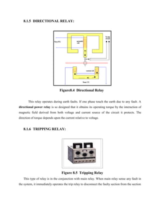 8.1.5 DIRECTIONAL RELAY:
Figure8.4 Directional Relay
This relay operates during earth faults. If one phase touch the earth due to any fault. A
directional power relay is so designed that it obtains its operating torque by the interaction of
magnetic field derived from both voltage and current source of the circuit it protects. The
direction of torque depends upon the current relative to voltage.
8.1.6 TRIPPING RELAY:
Figure 8.5 Tripping Relay
This type of relay is in the conjunction with main relay. When main relay sense any fault in
the system, it immediately operates the trip relay to disconnect the faulty section from the section
 