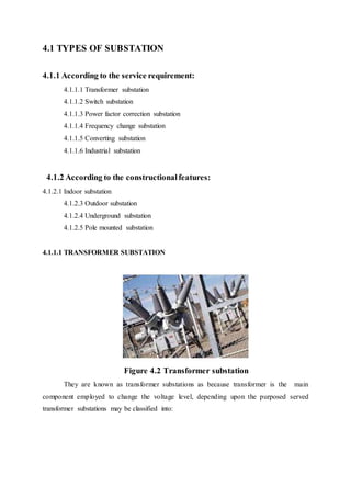 4.1 TYPES OF SUBSTATION
4.1.1 According to the service requirement:
4.1.1.1 Transformer substation
4.1.1.2 Switch substation
4.1.1.3 Power factor correction substation
4.1.1.4 Frequency change substation
4.1.1.5 Converting substation
4.1.1.6 Industrial substation
4.1.2 According to the constructionalfeatures:
4.1.2.1 Indoor substation
4.1.2.3 Outdoor substation
4.1.2.4 Underground substation
4.1.2.5 Pole mounted substation
4.1.1.1 TRANSFORMER SUBSTATION
Figure 4.2 Transformer substation
They are known as transformer substations as because transformer is the main
component employed to change the voltage level, depending upon the purposed served
transformer substations may be classified into:
 