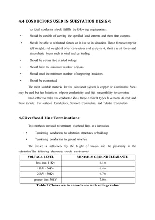 4.4 CONDUCTORS USED IN SUBSTATION DESIGN:
An ideal conductor should fulfills the following requirements:
• Should be capable of carrying the specified load currents and short time currents.
• Should be able to withstand forces on it due to its situation. These forces comprise
self weight, and weight of other conductors and equipment, short circuit forces and
atmospheric forces such as wind and ice loading.
• Should be corona free at rated voltage.
• Should have the minimum number of joints.
• Should need the minimum number of supporting insulators.
• Should be economical.
The most suitable material for the conductor system is copper or aluminums. Steel
may be used but has limitations of poor conductivity and high susceptibility to corrosion.
In an effort to make the conductor ideal, three different types have been utilized, and
these include: Flat surfaced Conductors, Stranded Conductors, and Tubular Conductors
4.5Overhead Line Terminations
Two methods are used to terminate overhead lines at a substation.
• Tensioning conductors to substation structures or buildings
• Tensioning conductors to ground winches.
The choice is influenced by the height of towers and the proximity to the
substation.The following clearances should be observed:
VOLTAGE LEVEL MINIMUM GROUND CLEARANCE
less than 11Kv 6.1m
11kV - 20Kv 6.4m
20kV - 30Kv 6.7m
greater than 30kV 7.0m
Table 1 Clearance in accordance with voltage value
 