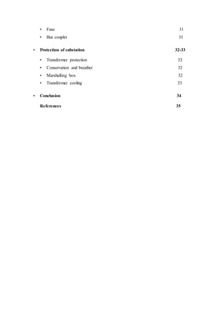 • Fuse 31
• Bus coupler 31
• Protection of substation 32-33
• Transformer protection 32
• Conservation and breather 32
• Marshalling box 32
• Transformer cooling 33
• Conclusion 34
References 35
 