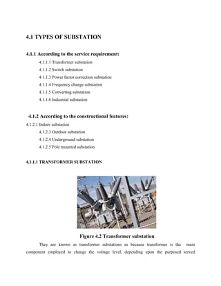 4.1 TYPES OF SUBSTATION

4.1.1 According to the service requirement:
       4.1.1.1 Transformer substation
       4.1.1.2 ...
