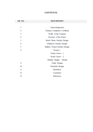 CONTENTS
SR. NO. DESCRIPTION
1 Acknowledgement
2 Training Completion Certificate
3 Profile of the Company
4 Overview of the Project
5 Retail Clients Kitchen Designs
6 Exhibition Kitchen Designs
7 Builders Project Kitchen Designs
8 Projects -
Savitry Green - 1
Savitry Green – 2
Whistler Heights – Mohali
9 Vanity Designs
10 Wardrobe Designs
11 Quotations
12 Conclusion
13 References
 