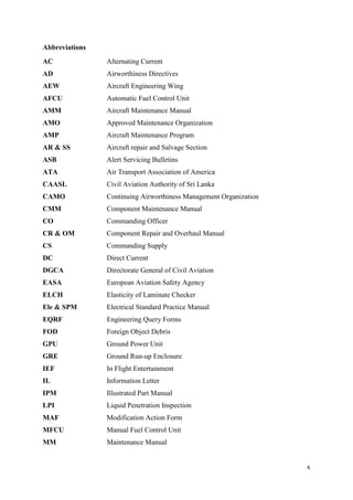 x
Abbreviations
AC Alternating Current
AD Airworthiness Directives
AEW Aircraft Engineering Wing
AFCU Automatic Fuel Control Unit
AMM Aircraft Maintenance Manual
AMO Approved Maintenance Organization
AMP Aircraft Maintenance Program
AR & SS Aircraft repair and Salvage Section
ASB Alert Servicing Bulletins
ATA Air Transport Association of America
CAASL Civil Aviation Authority of Sri Lanka
CAMO Continuing Airworthiness Management Organization
CMM Component Maintenance Manual
CO Commanding Officer
CR & OM Component Repair and Overhaul Manual
CS Commanding Supply
DC Direct Current
DGCA Directorate General of Civil Aviation
EASA European Aviation Safety Agency
ELCH Elasticity of Laminate Checker
Ele & SPM Electrical Standard Practice Manual
EQRF Engineering Query Forms
FOD Foreign Object Debris
GPU Ground Power Unit
GRE Ground Run-up Enclosure
IEF In Flight Entertainment
IL Information Letter
IPM Illustrated Part Manual
LPI Liquid Penetration Inspection
MAF Modification Action Form
MFCU Manual Fuel Control Unit
MM Maintenance Manual
 