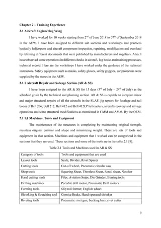 9
Chapter 2 – Training Experience
2.1 Aircraft Engineering Wing
I have worked for 10 weeks starting from 2nd
of June 2018 to 07th
of September 2018
in the AEW. I have been assigned to different sub sections and workshops and practices
basically helicopters and aircraft component inspection, repairing, modification and overhaul
by referring different documents that were published by manufacturers and suppliers. Also, I
have observed some operations in different checks in aircraft, log books maintaining processes,
technical record. Here are the workshops I have worked under the guidance of the technical
instructors. Safety equipment such as masks, safety gloves, safety goggles, ear protectors were
supplied by the stores in the AEW.
2.1.1 Aircraft Repair and Salvage Section (AR & SS)
I have been assigned to the AR & SS for 15 days (3rd
of July – 24th
of July) as the
schedule given by the technical and planning section. AR & SS is capable to carryout minor
and major structural repairs of all the aircrafts in the SLAF, jig repairs for fuselage and tail
boom of Bell 206, Bell 212, Bell 412 and Bell 412EP helicopters, aircraft recovery and salvage
operations and some structural modifications as mentioned in CMM and AMM. By the OEM.
2.1.1.1 Machines, Tools and Equipment
The maintenance of the structures is completing by maintaining original strength,
maintain original contour and shape and minimizing weight. There are lots of tools and
equipment in that section. Machines and equipment that I worked can be categorized in the
sections that they are used. These sections and some of the tools are in the table 2.1 [9].
Table 2.1 Tools and Machines used in AR & SS
Category of tools Tools and equipment that are used
Layout tools Scale, Divider, Rivet Spacer
Cutting tools Cut-off wheel, Pneumatic circular saw
Shop tools Squaring Shear, Throtless Shear, Scroll shear, Notcher
Hand cutting tools Files, Aviation Snips, Die Grinder, Burring tools
Drilling machines Portable drill motor, Pneumatic Drill motors
Forming tools Slip roll former, English wheel
Shrinking & Stretching tool Cornice Brake, Hand operated shrinker
Riveting tools Pneumatic rivet gun, bucking bars, rivet cutter
 