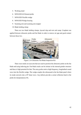 42
5. Working stand
6. SONAXIS 64 Element probe
7. SONAXIS Flexible wedge
8. SONAXIS Wedge housing
9. Scanning arm and scanning arm stopper
10. Blade holding clamp
There are two blade holding clamps, tip-end clap and root end camp. Couplant was
applied between ultrasonic probe and fan blade in order to remove air gap and good contact
between those two.
There were marks on scan arm that are used to position the ultrasonic probe on the fan
blade and using indexing pin. Fan blade cracks can be initiate in the internal grinder structure
and there is high potential for that. The array probe emits a high frequency, longitudinal sound
wave into the flexible wedge. The wedge couples the ultrasound to the fan blade panel where
its mode converts into a 45⁰ shear wave. Any defects provide a corner reflection back to the
probe for interpretation [19].
Figure 2.16 Ultrasonic Fan Blade Inspection Kit
 
