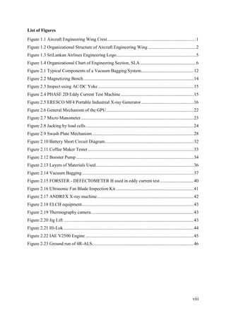 viii
List of Figures
Figure 1.1 Aircraft Engineering Wing Crest..............................................................................1
Figure 1.2 Organizational Structure of Aircraft Engineering Wing ..........................................2
Figure 1.3 SriLankan Airlines Engineering Logo......................................................................5
Figure 1.4 Organizational Chart of Engineering Section, SLA.................................................6
Figure 2.1 Typical Components of a Vacuum Bagging System..............................................12
Figure 2.2 Magnetizing Bench.................................................................................................14
Figure 2.3 Inspect using AC/DC Yoke....................................................................................15
Figure 2.4 PHASE 2D Eddy Current Test Machine................................................................15
Figure 2.5 ERESCO MF4 Portable Industrial X-ray Generator..............................................16
Figure 2.6 General Mechanism of the GPU.............................................................................22
Figure 2.7 Micro Manometer...................................................................................................23
Figure 2.8 Jacking by load cells...............................................................................................24
Figure 2.9 Swash Plate Mechanism.........................................................................................28
Figure 2.10 Battery Short Circuit Diagram..............................................................................32
Figure 2.11 Coffee Maker Tester.............................................................................................33
Figure 2.12 Booster Pump .......................................................................................................34
Figure 2.13 Layers of Materials Used......................................................................................36
Figure 2.14 Vacuum Bagging..................................................................................................37
Figure 2.15 FORSTER - DEFECTOMETER H used in eddy current test..............................40
Figure 2.16 Ultrasonic Fan Blade Inspection Kit ....................................................................41
Figure 2.17 ANDREX X-ray machine.....................................................................................42
Figure 2.18 ELCH equipment..................................................................................................43
Figure 2.19 Thermography camera..........................................................................................43
Figure 2.20 Jig Lift ..................................................................................................................43
Figure 2.21 Hi-Lok ..................................................................................................................44
Figure 2.22 IAE V2500 Engine ...............................................................................................45
Figure 2.23 Ground run of 4R-ALS.........................................................................................46
 