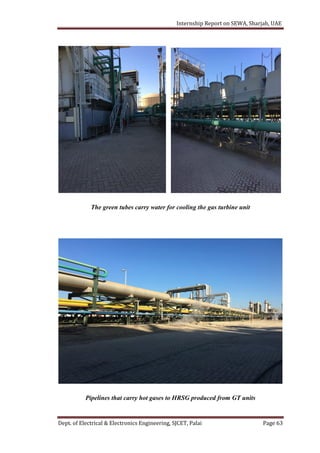 Internship Report on SEWA, Sharjah, UAE
Dept. of Electrical & Electronics Engineering, SJCET, Palai Page 63
The green tubes carry water for cooling the gas turbine unit
Pipelines that carry hot gases to HRSG produced from GT units
 