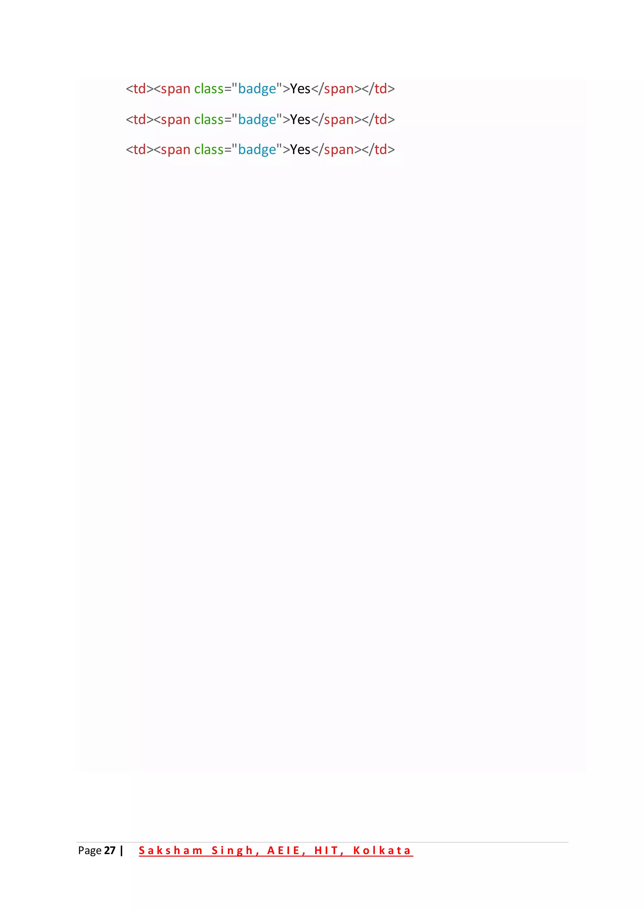 Page 27 | S a k s h a m S i n g h , A E I E , H I T , K o l k a t a
<td><span class="badge">Yes</span></td>
<td><span class="badge">Yes</span></td>
<td><span class="badge">Yes</span></td>
 