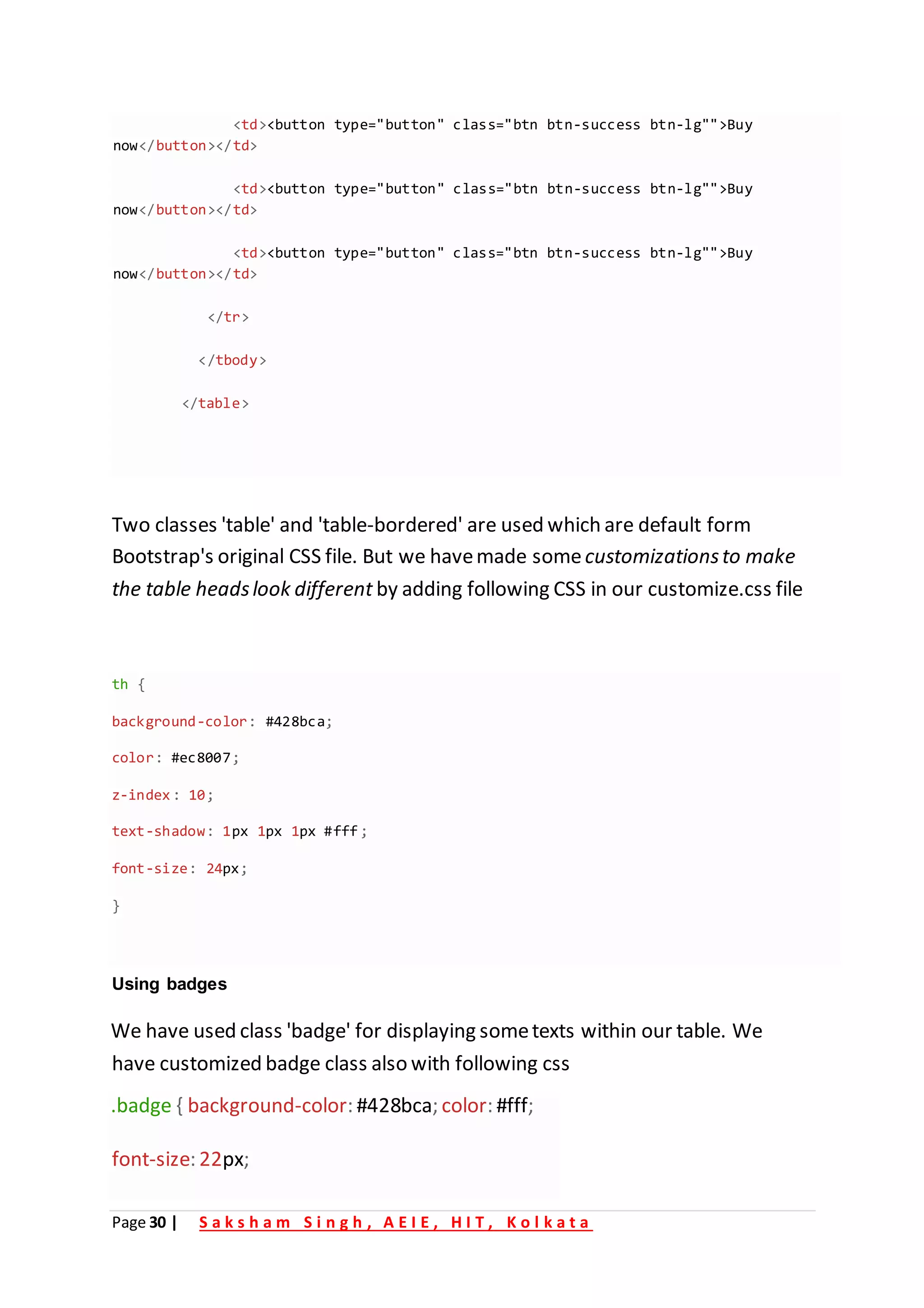 Page 30 | S a k s h a m S i n g h , A E I E , H I T , K o l k a t a
Two classes 'table' and 'table-bordered' are used which are default form
Bootstrap's original CSS file. But we havemade somecustomizationsto make
the table headslook different by adding following CSS in our customize.css file
We have used class 'badge' for displaying sometexts within our table. We
have customized badge class also with following css
.badge { background-color: #428bca; color: #fff;
font-size: 22px;
<td><button type="button" class="btn btn-success btn-lg"">Buy
now</button></td>
<td> button type="button" class="btn btn-success btn-lg"">Buy
<
now</button></td>
<td><button type="button" class="btn btn-success btn-lg"">Buy
now /
< button></td>
</tr>
</tbody>
</table>
th {
background-color: #428bca;
color: #ec8007;
z-index : 10;
text-shadow: 1px 1px 1px #fff ;
font-size: 24px;
}
Using badges
 