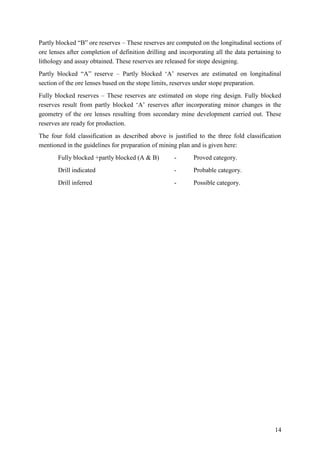 14
Partly blocked “B” ore reserves – These reserves are computed on the longitudinal sections of
ore lenses after completion of definition drilling and incorporating all the data pertaining to
lithology and assay obtained. These reserves are released for stope designing.
Partly blocked “A” reserve – Partly blocked ‘A’ reserves are estimated on longitudinal
section of the ore lenses based on the stope limits, reserves under stope preparation.
Fully blocked reserves – These reserves are estimated on stope ring design. Fully blocked
reserves result from partly blocked ‘A’ reserves after incorporating minor changes in the
geometry of the ore lenses resulting from secondary mine development carried out. These
reserves are ready for production.
The four fold classification as described above is justified to the three fold classification
mentioned in the guidelines for preparation of mining plan and is given here:
Fully blocked +partly blocked (A & B) - Proved category.
Drill indicated - Probable category.
Drill inferred - Possible category.
 