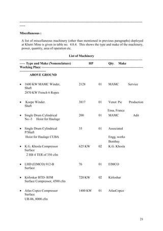 21
----------------------------------------------------------------------------------------------------------------
-----
Miscellaneous :
A list of miscellaneous machinery (other than mentioned in previous paragraphs) deployed
at Khetri Mine is given in table no. 4.8.4. This shows the type and make of the machinery,
power, quantity, area of operation etc.
List of Machinery
----------------------------------------------------------------------------------------------------------------
----- Type and Make (Nomenclature) HP Qty. Make
Working Place ---------------------------------------------------------------------------------------------
------------------------
ABOVE GROUND
 1600 KW MAMC Winder, 2128 01 MAMC Service
Shaft
2870 KW French 6 Ropes
 Koepe Winder. 3817 01 Venot Pic Production
Shaft
Ensa, France
 Single Drum Cylindrical 200 01 MAMC Adit
No.-3 Hoist for Haulage
 Single Drum Cylindrical 33 01 Associated
P/Shaft
Hoist for Haulage CUBA Engg, works
Bombay
 K.G. Khosla Compressor 625 KW 02 K.G. Khosla
Surface
2 HB 4 TER of 350 cfm
 LHD (EIMCO) 912-B 76 01 EIMCO
Surface
 Kirloskar BTD- B3M 720 KW 02 Kirloshar
Surface Compressor, 4500 cfm
 Atlas Copco Compressor 1400 KW 01 AtlasCopco
Surface
UR-06, 8000 cfm
 