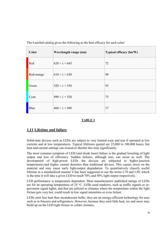 The Lumiled catalog gives the following as the best efficacy for each color:
Color

Wavelength range (nm)

Typical efficacy (lm/W)

Red

620 < λ < 645

72

Red-orange

610 < λ < 620

98

Green

520 < λ < 550

93

Cyan

490 < λ < 520

75

Blue

460 < λ < 490

37

TABLE 1

1.11 Lifetime and failure
Solid-state devices such as LEDs are subject to very limited wear and tear if operated at low
currents and at low temperatures. Typical lifetimes quoted are 25,000 to 100,000 hours, but
heat and current settings can extend or shorten this time significantly.
The most common symptom of LED (and diode laser) failure is the gradual lowering of light
output and loss of efficiency. Sudden failures, although rare, can occur as well. The
development of high-power LEDs the devices are subjected to higher junction
temperatures and higher current densities than traditional devices. This causes stress on the
material and may cause early light-output degradation. To quantitatively classify useful
lifetime in a standardized manner it has been suggested to use the terms L70 and L50, which
is the time it will take a given LED to reach 70% and 50% light output respectively.
LED performance is temperature dependent. Most manufacturers' published ratings of LEDs
are for an operating temperature of 25 °C. LEDs used outdoors, such as traffic signals or inpavement signal lights, and that are utilized in climates where the temperature within the light
fixture gets very hot, could result in low signal intensities or even failure.
LEDs emit less heat than incandescent bulbs, they are an energy-efficient technology for uses
such as in freezers and refrigerators. However, because they emit little heat, ice and snow may
build up on the LED light fixture in colder climates.
9

 