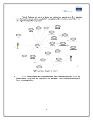  Patient :Patients can search for doctor and make online appointments. They also can
view their health record, lab reports, doctor’s prescription and medical expenses. Patient can
also register complaint on any doctor.




                          Fig3.1: Use case diagram for patient


 Admin: Admin has the authority to add/delete users, grant permission to doctors and
kiosk manager, to generate and view reports. He also views the complaints of patients and
takes necessary actions




                                            34
 