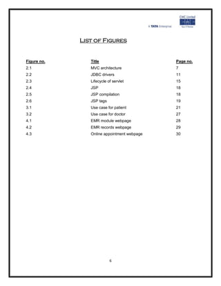 List of Figures


Figure no.      Title                        Page no.
2.1             MVC architecture             7
2.2             JDBC drivers                 11
2.3             Lifecycle of servlet         15
2.4             JSP                          18
2.5             JSP compilation              18
2.6             JSP tags                     19
3.1             Use case for patient         21
3.2             Use case for doctor          27
4.1             EMR module webpage           28
4.2             EMR records webpage          29
4.3             Online appointment webpage   30




                           6
 
