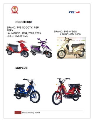 BRAND: TVS WEGO
LAUNCHED: 2009
31 Project Training Report
SCOOTERS:
BRAND: TVS SCOOTY, PEP,
PEP+
LAUNCHED: 1994, 2003, 2005
SOLD: OVER 1 MN
MOPEDS:
 