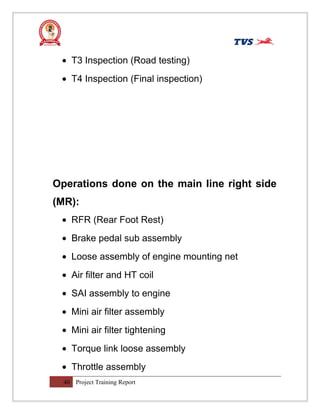 • T3 Inspection (Road testing)
• T4 Inspection (Final inspection)
Operations done on the main line right side
(MR):
• RFR (Rear Foot Rest)
• Brake pedal sub assembly
• Loose assembly of engine mounting net
• Air filter and HT coil
• SAI assembly to engine
• Mini air filter assembly
• Mini air filter tightening
• Torque link loose assembly
• Throttle assembly
40 Project Training Report
 