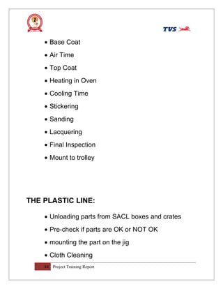 • Base Coat
• Air Time
• Top Coat
• Heating in Oven
• Cooling Time
• Stickering
• Sanding
• Lacquering
• Final Inspection
• Mount to trolley
THE PLASTIC LINE:
• Unloading parts from SACL boxes and crates
• Pre-check if parts are OK or NOT OK
• mounting the part on the jig
• Cloth Cleaning
44 Project Training Report
 