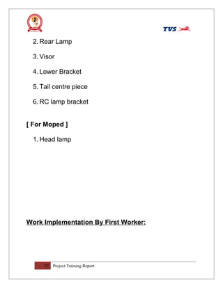 2. Rear Lamp
3. Visor
4. Lower Bracket
5. Tail centre piece
6. RC lamp bracket
[ For Moped ]
1. Head lamp
Work Implementation By First Worker:
52 Project Training Report
 
