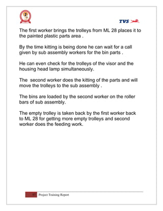 The first worker brings the trolleys from ML 28 places it to
the painted plastic parts area .
By the time kitting is being done he can wait for a call
given by sub assembly workers for the bin parts .
He can even check for the trolleys of the visor and the
housing head lamp simultaneously.
The second worker does the kitting of the parts and will
move the trolleys to the sub assembly .
The bins are loaded by the second worker on the roller
bars of sub assembly.
The empty trolley is taken back by the first worker back
to ML 28 for getting more empty trolleys and second
worker does the feeding work.
57 Project Training Report
 