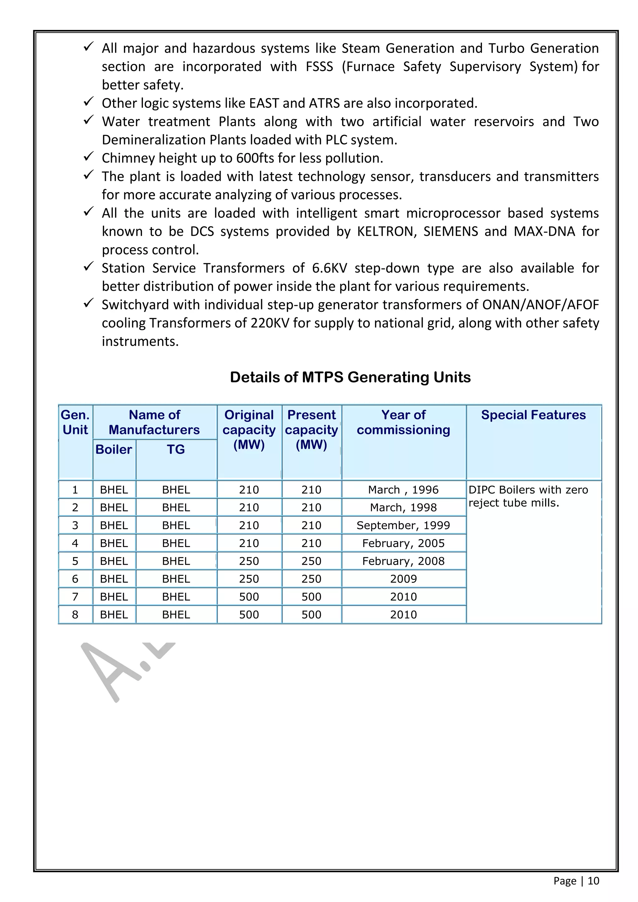  All major and hazardous systems like Steam Generation and Turbo Generation
       section are incorporated with FSSS (Furnace Safety Supervisory System) for
       better safety.
      Other logic systems like EAST and ATRS are also incorporated.
      Water treatment Plants along with two artificial water reservoirs and Two
       Demineralization Plants loaded with PLC system.
      Chimney height up to 600fts for less pollution.
      The plant is loaded with latest technology sensor, transducers and transmitters
       for more accurate analyzing of various processes.
      All the units are loaded with intelligent smart microprocessor based systems
       known to be DCS systems provided by KELTRON, SIEMENS and MAX-DNA for
       process control.
      Station Service Transformers of 6.6KV step-down type are also available for
       better distribution of power inside the plant for various requirements.
      Switchyard with individual step-up generator transformers of ONAN/ANOF/AFOF
       cooling Transformers of 220KV for supply to national grid, along with other safety
       instruments.

                            Details of MTPS Generating Units

Gen.       Name of         Original Present         Year of          Special Features
Unit     Manufacturers     capacity capacity     commissioning
       Boiler     TG        (MW)     (MW)


 1     BHEL      BHEL         210       210        March , 1996    DIPC Boilers with zero
 2     BHEL      BHEL         210       210        March, 1998     reject tube mills.

 3     BHEL      BHEL         210       210      September, 1999
 4     BHEL      BHEL         210       210       February, 2005
 5     BHEL      BHEL         250       250       February, 2008
 6     BHEL      BHEL         250       250           2009
 7     BHEL      BHEL         500       500           2010
 8     BHEL      BHEL         500       500           2010




                                                                                  Page | 10
 