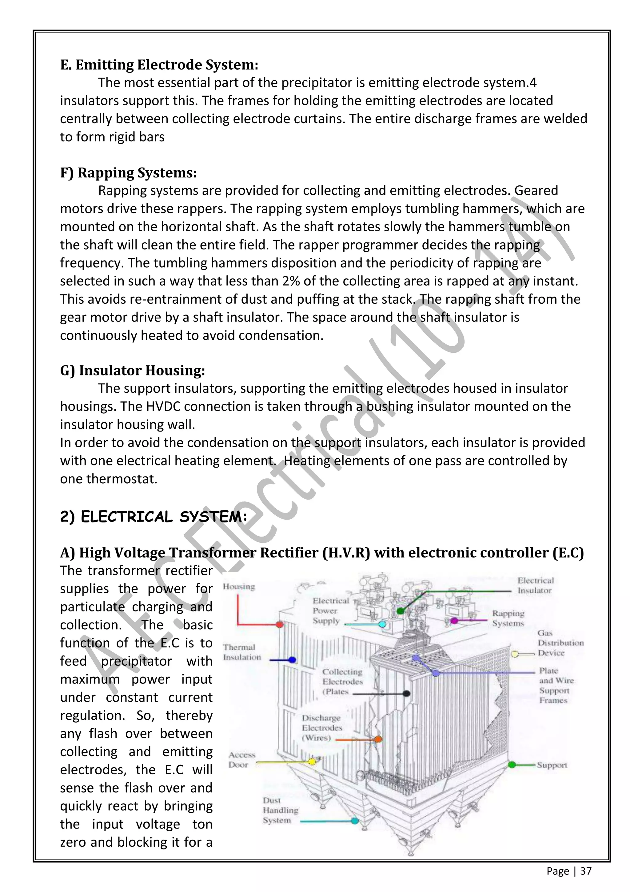 E. Emitting Electrode System:
       The most essential part of the precipitator is emitting electrode system.4
insulators support this. The frames for holding the emitting electrodes are located
centrally between collecting electrode curtains. The entire discharge frames are welded
to form rigid bars

F) Rapping Systems:
       Rapping systems are provided for collecting and emitting electrodes. Geared
motors drive these rappers. The rapping system employs tumbling hammers, which are
mounted on the horizontal shaft. As the shaft rotates slowly the hammers tumble on
the shaft will clean the entire field. The rapper programmer decides the rapping
frequency. The tumbling hammers disposition and the periodicity of rapping are
selected in such a way that less than 2% of the collecting area is rapped at any instant.
This avoids re-entrainment of dust and puffing at the stack. The rapping shaft from the
gear motor drive by a shaft insulator. The space around the shaft insulator is
continuously heated to avoid condensation.

G) Insulator Housing:
       The support insulators, supporting the emitting electrodes housed in insulator
housings. The HVDC connection is taken through a bushing insulator mounted on the
insulator housing wall.
In order to avoid the condensation on the support insulators, each insulator is provided
with one electrical heating element. Heating elements of one pass are controlled by
one thermostat.

2) ELECTRICAL SYSTEM:

A) High Voltage Transformer Rectifier (H.V.R) with electronic controller (E.C)
The transformer rectifier
supplies the power for
particulate charging and
collection. The basic
function of the E.C is to
feed precipitator with
maximum power input
under constant current
regulation. So, thereby
any flash over between
collecting and emitting
electrodes, the E.C will
sense the flash over and
quickly react by bringing
the input voltage ton
zero and blocking it for a
                                                                                  Page | 37
 