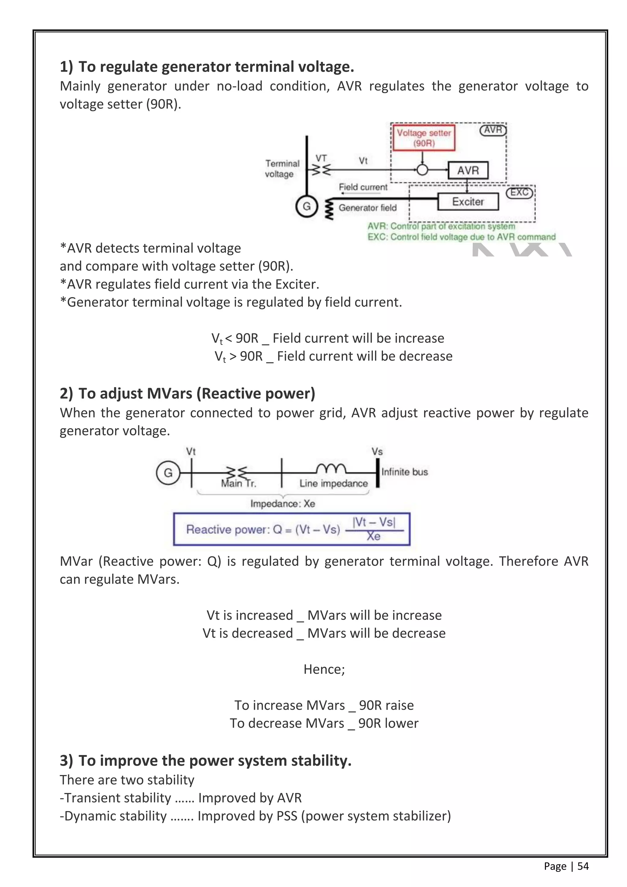 1) To regulate generator terminal voltage.
Mainly generator under no-load condition, AVR regulates the generator voltage to
voltage setter (90R).




*AVR detects terminal voltage
and compare with voltage setter (90R).
*AVR regulates field current via the Exciter.
*Generator terminal voltage is regulated by field current.

                         Vt < 90R _ Field current will be increase
                         Vt > 90R _ Field current will be decrease

2) To adjust MVars (Reactive power)
When the generator connected to power grid, AVR adjust reactive power by regulate
generator voltage.




MVar (Reactive power: Q) is regulated by generator terminal voltage. Therefore AVR
can regulate MVars.

                        Vt is increased _ MVars will be increase
                        Vt is decreased _ MVars will be decrease

                                         Hence;

                             To increase MVars _ 90R raise
                            To decrease MVars _ 90R lower

3) To improve the power system stability.
There are two stability
-Transient stability …… Improved by AVR
-Dynamic stability ……. Improved by PSS (power system stabilizer)


                                                                           Page | 54
 
