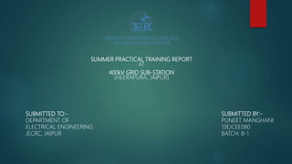 SUMMER PRACTICAL TRAINING REPORT
AT
400kV GRID SUB-STATION
(HEERAPURA, JAIPUR)
SUBMITTED TO:-
DEPARTMENT OF
ELECTRICAL ENGINEERING
JECRC, JAIPUR
SUBMITTED BY:-
PUNEET MANGHANI
13EJCEE080
BATCH: B-1
 