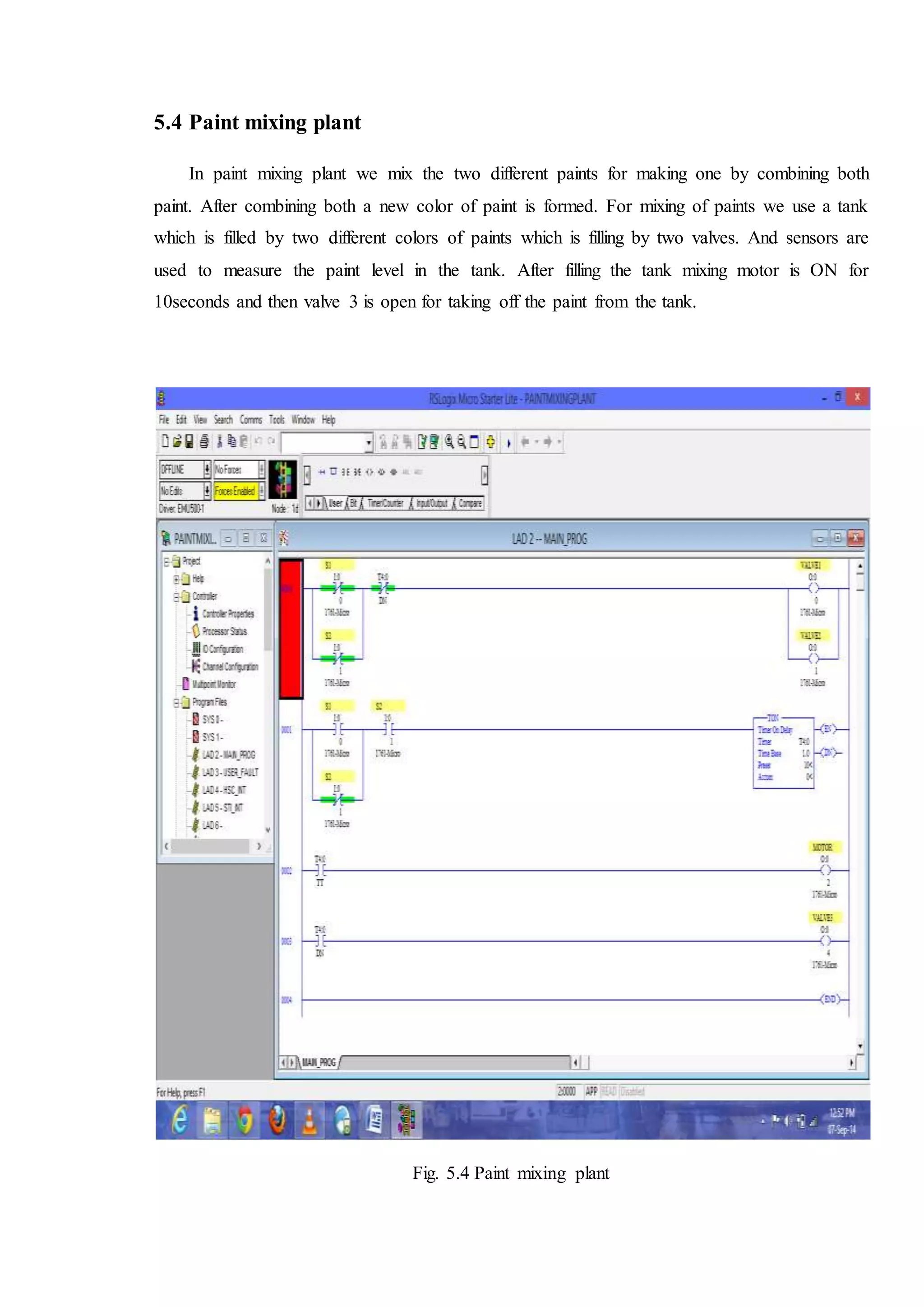 5.4 Paint mixing plant
In paint mixing plant we mix the two different paints for making one by combining both
paint. After combining both a new color of paint is formed. For mixing of paints we use a tank
which is filled by two different colors of paints which is filling by two valves. And sensors are
used to measure the paint level in the tank. After filling the tank mixing motor is ON for
10seconds and then valve 3 is open for taking off the paint from the tank.
Fig. 5.4 Paint mixing plant
 