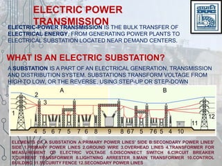 ELECTRIC POWER
TRANSMISSIONELECTRIC-POWER TRANSMISSION IS THE BULK TRANSFER OF
ELECTRICAL ENERGY, FROM GENERATING POWER PLANTS TO
ELECTRICAL SUBSTATION LOCATED NEAR DEMAND CENTERS.
WHAT IS AN ELECTRIC SUBSTATION?
A SUBSTATION IS A PART OF AN ELECTRICAL GENERATION, TRANSMISSION
AND DISTRIBUTION SYSTEM. SUBSTATIONS TRANSFORM VOLTAGE FROM
HIGH TO LOW, OR THE REVERSE, USING STEP-UP OR STEP-DOWN
TRANSFORMERS.
ELEMENTS OF A SUBSTATION A:PRIMARY POWER LINES' SIDE B:SECONDARY POWER LINES'
SIDE 1.PRIMARY POWER LINES 2.GROUND WIRE 3.OVERHEAD LINES 4.TRANSFORMER FOR
MEASUREMENT OF ELECTRIC VOLTAGE 5.DISCONNECT SWITCH 6.CIRCUIT BREAKER
7.CURRENT TRANSFORMER 8.LIGHTNING ARRESTER 9.MAIN TRANSFORMER 10.CONTROL
BUILDING 11.SECURITY FENCE 12.SECONDARY POWER LINES
 