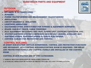SUBSTATION PARTS AND EQUIPMENT
OUTDOOR
SWITCHYARD INCOMING & OUTGOING LINES
 BUSBARS
 POWER TRANSFORMERS AND MEASUREMENT TRANSFORMERS
 INSULATORS
 CIRCUIT-BEAKERS & ISOLATORS
 LIGHTNING ARRESTORS
 GALVANISED STEEL STRUCTURES FOR TOWERS & EQUIPMENT SUPPORTS.
 ROADS, RAILWAY TRACK, CABLE TRENCHES
 PLCC EQUIPMENT INCLUDING LINE TRAP, TUNING UNIT, COUPLING CAPACITOR, ETC.
 STATION EARTHING SYSTEM COMPRISING GROUND MAT, RISERS, AUXILIARY MAT,
EARTHING STRIPS, EARTHING SPIKES & EARTH ELECTRODES.
 CONTROL CABLES FOR PROTECTION AND CONTROL
CONTROL BUILDING
IN EVERY SUB-STATION CERTAIN SUPERVISION, CONTROL AND PROTECTION FUNCTIONS
ARE NECESSARY. SO A CONTROL BUILDING/CONTROL ROOM IS REQUIRED. THE RELAY
AND PROTECTION PANELS AND CONTROL PANELS ARE INSTALLED IN THE CONTROL
ROOM.
CONTROL IN SUB-STATION ARE OF TWO CATEGORIES.
1. NORMAL ROUTINE OPERATION BY OPERATORS COMMAND.
2. AUTOMATIC OPERATION BY ACTION OF PROTECTIVE RELAYS AND CONTROL SYSTEM
 