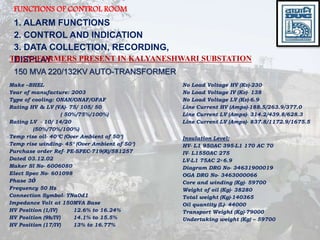 FUNCTIONS OF CONTROL ROOM
1. ALARM FUNCTIONS
2. CONTROL AND INDICATION
3. DATA COLLECTION, RECORDING,
DISPLAYTRANSFORMERS PRESENT IN KALYANESHWARI SUBSTATION
150 MVA 220/132KV AUTO-TRANSFORMER
Make –BHEL
Year of manufacture: 2003
Type of cooling: ONAN/ONAF/OFAF
Rating HV & LV (VA)- 75/ 105/ 50
( 50%/75%/100%)
Rating LV - 10/ 14/20
(50%/70%/100%)
Temp rise oil- 40C (Over Ambient of 50)
Temp rise winding- 45 (Over Ambient of 50)
Purchase order Ref- PE-SPEC-719(R)/581257
Dated 03.12.02
Maker Sl No- 6006080
Elect Spec No- 601098
Phase 3Ǿ
Frequency 50 Hz
Connection Symbol- YNa0d1
Impedance Volt at 150MVA Base
HV Position (1/IV) 12.6% to 16.24%
HV Position (9b/IV) 14.1% to 15.5%
HV Position (17/IV) 13% to 16.77%
No Load Voltage HV (Kv)-230
No Load Voltage IV (Kv)- 138
No Load Voltage LV (Kv)-6.9
Line Current HV (Amps)-188.5/263.9/377.0
Line Current LV (Amps)- 314.2/439.8/628.3
Line Current LV (Amps)- 837.8/1172.9/1675.5
Insulation Level:
HV- L1 950AC 395-L1 170 AC 70
IV- L1550AC 275
LV-L1 75AC 2×6.9
Diagram DRG No- 34631900019
OGA DRG No- 3463000066
Core and winding (Kg)- 59700
Weight of oil (Kg)- 38280
Total weight (Kg)-140365
Oil quantity (L)- 44000
Transport Weight (Kg)-79000
Undertaking weight (Kg) – 59700
 