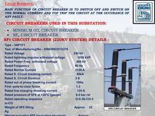 Circuit Breakers:
MAIN FUNCTION OF CIRCUIT BREAKER IS TO SWITCH OFF AND SWITCH ON
THE NORMAL CURRENT AND TOP TRIP THE CIRCUIT AT THE OCCURANCE OF
ANY FAULT.
CIRCUIT BREAKERS USED IN THIS SUBSTATION:
 MINIMUM OIL CIRCUIT BREAKER
 SF6 CIRCUIT BREAKER
SF CIRCUIT BREAKER (220KV SYSTEM) DETAILS :
Type - 3AP1F1
Year of Manufacturing/No - 2006/IND/01/2276
Rated Voltage 245 kV
Rated lightning impulse withstand voltage 1050 kVP
Rated Power Freq. withstand voltage 460 kV
Rated Frequency 50 Hz
Rated Normal Current 3150 A
Rated S. Circuit breaking current 40kA
Rated S. Circuit Duration 3 S
Rated out of phase breaking current 10Ka
First -pole-to-clear factor 1.3
Rated line charging breaking current 125 A
Rated pressure of SF6 at +20ºC (gauge) 6.0 bar rel
Rated operating sequence O-0.3S-CO-3
m-CO
Weight of SF6 filling Approx 22
Kg
 
