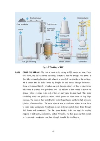 6
Fig. 1.5 Working of TPP
1.6.1) COAL TO STEAM- The coal is burnt at the rate up to 200 tonnes per hour. From
coal stores, the fuel is carried on convey or belts to bunkers through coal tipper. It
then falls in to coal pulverizing mill, where it is grounded into powder as fine as flour.
Air is drawn into the boiler house by drought fan and passed through Preheaters.
Some air is passed directly to bunker and rest, through primary air fan, to pulverizing
mill where it is mixed with powdered coal. The mixture is then carried to bunker of
furnace where it mixes with rest of the air and burns to great heat. This heats
circulating water and produces steam, which passes to steam drum at very high
pressure. The steam is then heated further in the Super heater and fed to high pressure
cylinder of steam turbine. The spent steam is sent to condenser, where it turns back
to water called condensate. Condensate is sent to lower part of steam drum through
feed heater and economizer. The flue gases leaving boiler are used for heating
purpose in feed heater, economizer, and air Preheater. The flue gases are then passed
to electro-static precipitator and then, through draught fan, to chimney.
 