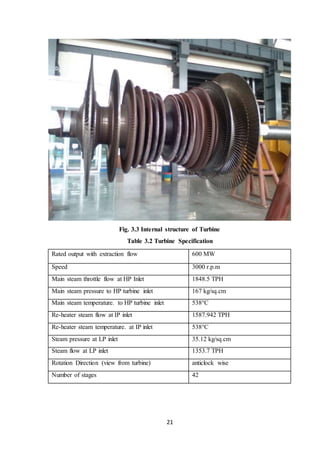 21
Fig. 3.3 Internal structure of Turbine
Table 3.2 Turbine Specification
Rated output with extraction flow 600 MW
Speed 3000 r.p.m
Main steam throttle flow at HP Inlet 1848.5 TPH
Main steam pressure to HP turbine inlet 167 kg/sq.cm
Main steam temperature. to HP turbine inlet 538°C
Re-heater steam flow at IP inlet 1587.942 TPH
Re-heater steam temperature. at IP inlet 538°C
Steam pressure at LP inlet 35.12 kg/sq.cm
Steam flow at LP inlet 1353.7 TPH
Rotation Direction (view from turbine) anticlock wise
Number of stages 42
 