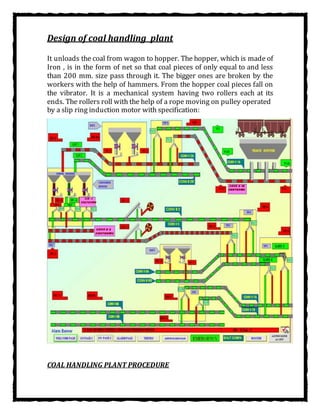 Design of coal handling plant
It unloads the coal from wagon to hopper. The hopper, which is made of
Iron , is in the form of net so that coal pieces of only equal to and less
than 200 mm. size pass through it. The bigger ones are broken by the
workers with the help of hammers. From the hopper coal pieces fall on
the vibrator. It is a mechanical system having two rollers each at its
ends. The rollers roll with the help of a rope moving on pulley operated
by a slip ring induction motor with specification:
COAL HANDLING PLANT PROCEDURE
 