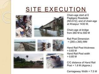SITE EXECUTION
Chain-age start at 0
Pagliganj Roadside
(NH-512); end of chain-age
at Khaspur 1430 M.
Chain-age at bridge
from 260 M to 550 M
Rail Post Dimension
= (265 x 265) MM
Hand Rail Post thickness
= 0.65 M
Hand Rail Post width
= 0.85 M
C/C distance of Hand Rail
Post = 1.8 M (Approx.)
Carriageway Width = 7.5 M
 