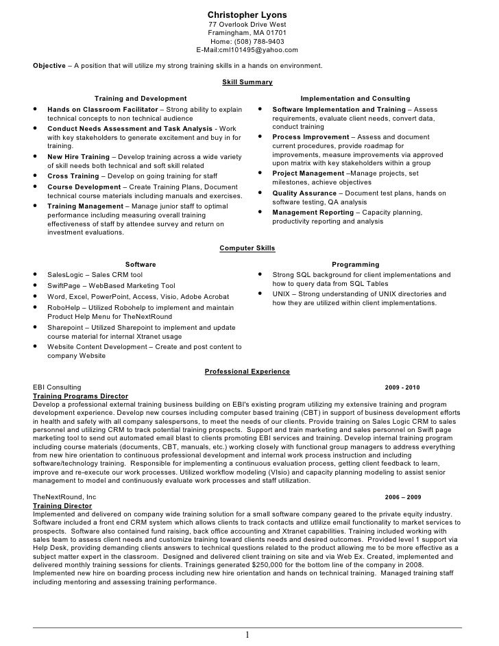 training resume chris lyons training skills resumes