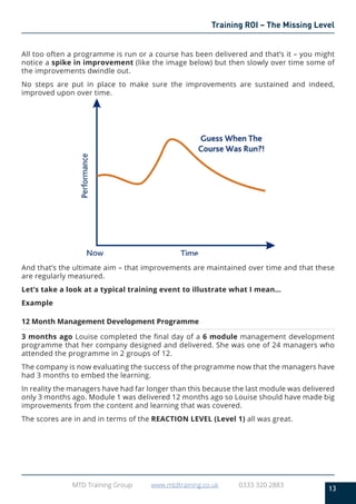13
MTD Training Group www.mtdtraining.co.uk 0333 320 2883
Training ROI – The Missing Level
All too often a programme is run or a course has been delivered and that’s it – you might
notice a spike in improvement (like the image below) but then slowly over time some of
the improvements dwindle out.
No steps are put in place to make sure the improvements are sustained and indeed,
improved upon over time.
And that’s the ultimate aim – that improvements are maintained over time and that these
are regularly measured.
Let’s take a look at a typical training event to illustrate what I mean…
Example
12 Month Management Development Programme
3 months ago Louise completed the final day of a 6 module management development
programme that her company designed and delivered. She was one of 24 managers who
attended the programme in 2 groups of 12.
The company is now evaluating the success of the programme now that the managers have
had 3 months to embed the learning.
In reality the managers have had far longer than this because the last module was delivered
only 3 months ago. Module 1 was delivered 12 months ago so Louise should have made big
improvements from the content and learning that was covered.
The scores are in and in terms of the REACTION LEVEL (Level 1) all was great.
 
