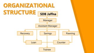 ORGANIZATIONAL
STRUCTURE
Manager
SDB Jaffna
Assistant Manager
Trainee
Recovery Savings Pawning
CounterLoan
 