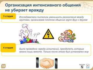 10 
Организация интенсивного общения 
не убирает вражду 
Исследователи пытались уменьшить разногласия между 
группами, организовав плотное общение групп друг с другом 
3 стадия 
Была проведена череда испытаний, преодолеть которые 
можно лишь вместе. Только после этого был установлен мир 
4 стадия 
 