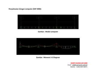 ! ! !
SHORT&COURSE&SAP&2000&
Email!:!edi@supriyanto.web.id!
Mobile!:!+6281338718071!
!
Penyelesaian&dengan&computer&(SAP&2000):&
!
!
Gambar&:&Model&computer&
&
!
Gambar&:&Moment&3V3&Diagram&
 