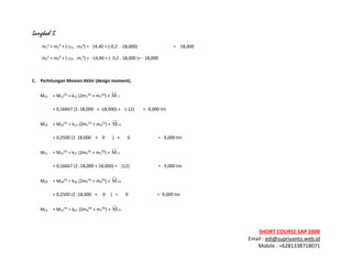 ! ! !
SHORT&COURSE&SAP&2000&
Email!:!edi@supriyanto.web.id!
Mobile!:!+6281338718071!
!
!!!!!!!!!m1
5
!=!m1
0
!+!(Tγ12!.!m2
4
)!=!!!14,40!+!(T0,2!.!T18,000)! =!!!!18,000!
!!!!!!!!!m2
5
!=!m2
0
!+!(Tγ21!.!m1
5
)!=!!T14,40!+!(T!0,2!.!18,000!)=!T!18,000!
!
C.& Perhitungan&Momen&Akhir&(design&moment).&
M12!! =!M12
(5)
!=!k12!(2m1
(5)
!+!m2
(5)
)!+! 12M !!
! =!0,16667!(2.!18,000!!!+!T18,000)!+!!!!(T12)!!!!!!!!=!T9,000!tm!!
M1A!! =!M1A
(5)
!=!k1A!(2m1
(5)
!+!mA
(5)
)!+! A1M !
! =!0,2500!(2.!18,000!!!!+!!!!0!!!!!!!)!!!+!!!!!!!0! !!!=!!!9,000!tm!
M21!! =!M21
(5)
!=!k21!(2m2
(5)
!+!m1
(5)
)!+! 21M !
! =!0,16667!(2.T18,000!+!18,000)!+!!!!(12)!!!!!!!!! !!!=!!!9,000!tm!
M2B!! =!M2B
(5)
!=!k2B!(2m2
(5)
!+!mB
(5)
)!+! B2M !
! =!0,2500!(2.T18,000!!!+!!!!!0!!!!!)!!!+!!!!!!!0! !!=!T9,000!tm!
MA1!! =!MA1
(5)
!=!kA1!(2mA
(5)
!+!m1
(5)
)!+! 1AM !
! =!0,2500!!!!(!!!2.0!!!+!!!18,000)!!!!+!!!!(!0!)! !=!!4,5000!tm!
 