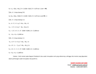 ! ! !
SHORT&COURSE&SAP&2000&
Email!:!edi@supriyanto.web.id!
Mobile!:!+6281338718071!
!
∑M2!=!0!!!(!tinjau!batang!2!B!)!
HB!=HB2!=!(MB2!+!M2B)!/!4!=!(!4,500!+!9,00!)!/!4!=!3,375!ton!(!arah!==!)!
∑M2!=!0!!!(!tinjau!batang!1!2!)!
V12!.!6!T!P!.!3!–!½!!q!L2
!+!M21!–!M12!=!0!
V12!!=!!!(P!.!3!+!½!q!L2
!T!!M21!–!M12)!/!6!
V12!!=!!!(4!.!3!+!½!.!3!.!62
!T!9,000!+!9,000!)!/!6!=!11,000!ton!!
VA!!!=!VA1!=!V12!=!11,000!ton!
∑M1!=!0!!(!tinjau!batang!1!2!)!
TV21!.!6!+!P!.!3!+!½!q!L2
!+!M21!–!M12!=!0!
V21!=!(!P!.!3!!!+!!!l
/2!q!L2
!+!M21!–!M12!)!/!6!
V21!=!(!4!.!3!!+!!½!.!3!.!62
!+!9,000!T!9,000!)!/!6!=!11,000!ton!
VB!!=!VB2!=!V21!=!11,000!ton!
Catatan!:!Arah!momen!pada!diagram!freebody!di!atas!sudah!merupakan!arah!yang!sebenarnya,!sehingga!nilai!momen!yang!digunakan!
dalam!perhitungan!sudah!merupakan!nilai!positif!(+).!
 
