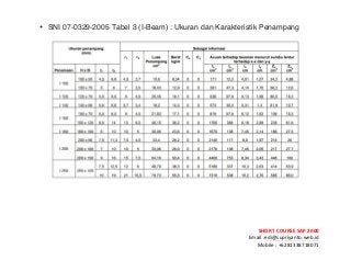 ! ! !
SHORT&COURSE&SAP&2000&
Email!:edi@supriyanto.web.id!
Mobile!:!+6281338718071!
!
• SNI 07-0329-2005 Tabel 3 (I-Beam) : Ukuran dan Karakteristik Penampang
!
 