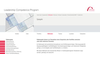 Leadership Competence Program
                                                     Trainer-Input I Gruppenarbeit I Rollenspiele I Diskussion I Planspiel I Casestudies I Persönlichkeitstest MBTI ® I Projektarbeit



                                                     Spiegeln




                             Inhalte         Ziele   Timeline                      Methoden                      Trainer                       Location                       Evaluation



		   	    Rollenspiele                               Rollenspiele dienen zur Simulation eines Gesprächs oder Konflikts zwischen
			       Zielvereinbarung                           zwei oder mehreren Personen.
			       Informationsfluss
			       Aufgabendelegation                         Im Rollenspiel sind persönliche Kompetenzen wie Einfühlungsvermögen, Überzeugungskraft,
			       Entscheidungsfindung                       Anpassungsfähigkeit, Konfliktfähigkeit, Durchsetzungsvermögen und rhetorische Fähigkeiten
			       Arbeitsprozessorganisation                 gefragt, um die Aufgabe oder Konfliktsituation zu meistern.
			       Kontrollausübung
                                                     Mit dieser Methode wird neuerlerntes Wissen in handlungsbezogenen Situationen ange-
			       Mitarbeitermotivation/-förderung
                                                     wendet, gefestigt und überprüft.
			       Stress-/Konfliktbewältigung




			
 