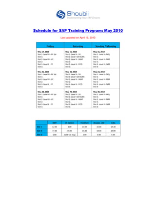                                                                                                                                                                                                                                                                                                                                                                                                                                                                                                                                                                 	
  	
  



              Schedule for SAP Training Program: May 2010
                                                                                                                                                                                                                 Last updated on April 19, 2010


                                                                                           Friday	
                                                                                                                                                                                                                     Saturday	
                                                                                                                                                                                     Sunday	
  /	
  Monday	
  
                May	
  14,	
  2010	
  	
  	
  	
  	
  	
  	
  	
  	
  	
  	
  	
  	
  	
  	
  	
  	
  	
  	
  	
  	
  	
  	
  	
  	
  	
  	
  	
  	
  	
  	
  	
  	
  	
  	
  	
  May	
  	
  1	
  5,	
  	
  2	
  010	
  	
  	
  	
  	
  	
  	
  	
  	
  	
  	
  	
  	
  	
  	
  	
  	
  	
  	
  	
  	
  	
  	
  	
  	
  	
  	
  	
  	
  	
  	
  	
  	
  	
  	
  	
  May	
  	
  1	
  	
  	
  	
  	
  2	
  010	
  	
  	
  	
  	
  	
  	
  	
  	
  	
  	
  	
  	
  	
  	
  	
  	
  	
  	
  	
  	
  	
  	
  	
  	
  	
  	
  	
  	
  	
  	
  	
  	
  	
  	
  	
  	
  	
  	
  	
  	
  	
  	
  	
  	
  	
  	
  	
  	
  	
  	
  	
  	
  	
  	
  	
  	
  
                                                                                                                                                                                                                                	
  	
  	
  	
  	
  	
  	
  	
   	
   	
  	
  	
  	
   	
   	
  	
                                                                                                                                                                         	
  	
  	
  	
  	
  	
  	
  	
   	
  	
  6,	
   	
   	
  	
  
                Slot	
  1:	
  Level	
  III	
  -­‐	
  PP	
  Spl.	
  	
  	
  	
  	
  	
  	
  	
  	
  	
  	
  	
  	
  	
  	
  	
  	
  	
  	
  Slot	
  	
  1	
  	
  	
  L	
  	
  	
   II	
  -­‐	
  SD	
  	
  	
  	
  	
  	
  	
  	
  	
  	
  	
  	
  	
  	
  	
  	
  	
  	
  	
  	
  	
  	
  	
  	
  	
  	
  	
  	
  Slot	
  	
  1	
  :	
  	
  L	
  evel	
  II	
  -­‐	
  Mfg	
  	
  	
  	
  	
  	
  	
  	
  	
  	
  	
  	
  	
  	
  	
  	
  	
  	
  	
  	
  	
  	
  	
  	
  	
  	
  	
  	
  	
  	
  	
  	
  	
  	
  	
  	
  	
  	
  	
  	
  	
  	
  	
  	
  	
  	
  	
  	
  	
  	
  	
  
                                                                                                                                                                                                                              	
  	
  	
  	
  	
  	
  	
   	
  	
  :	
   	
  evel	
                                                                                                                                                                                          	
  	
  	
  	
  	
  	
  	
   	
   	
   	
   	
  	
  	
  
                Slot	
  1:	
  	
  	
  	
  	
  	
  	
  	
  	
  	
  	
  	
  	
  	
  	
  	
  	
  	
  	
  	
  	
  	
  	
  	
  	
  	
  	
  	
  	
  	
  	
  	
  	
  	
  	
  	
  	
  	
  	
  	
  	
  	
  	
  	
  	
  	
  	
  	
  	
  Slot	
  	
  1	
  	
  	
  L	
  	
  	
  	
  	
  	
  	
  	
  	
  I	
  	
  (All	
  SCM)	
  	
  	
  	
  	
  	
  	
  	
  	
  	
  	
  	
  	
  	
  	
  	
  	
  	
  	
  	
  Slot	
  	
  1	
  :	
  	
  	
  	
  	
  	
  	
  	
  	
  	
  	
  	
  	
  	
  	
  	
  	
  	
  	
  	
  	
  	
  	
  	
  	
  	
  	
  	
  	
  	
  	
  	
  	
  	
  	
  	
  	
  	
  	
  	
  	
  	
  	
  	
  	
  	
  	
  	
  	
  	
  	
  	
  	
  	
  	
  	
  	
  	
  	
  	
  	
  	
  	
  	
  	
  	
  	
  	
  	
  	
  	
  	
  	
  	
  
                                                                                                                                                                                                                              	
  	
  	
  	
  	
  	
  	
   	
  	
  :	
   	
  evel	
                                                                                                                                                                                           	
  	
  	
  	
  	
  	
  	
   	
   	
  
                Slot	
  2:	
  Level	
  III	
  -­‐	
  VC	
  	
  	
  	
  	
  	
  	
  	
  	
  	
  	
  	
  	
  	
  	
  	
  	
  	
  	
  	
  	
  	
  	
  	
  	
  	
  	
  	
  	
  	
  	
  	
  	
  	
  2	
  :	
  	
  L	
  evel	
  	
  I	
  I	
  -­‐	
  ABAP	
  	
  	
  	
  	
  	
  	
  	
  	
  	
  	
  	
  	
  	
  	
  	
  	
  	
  	
  	
  	
  	
  	
  Slot	
  	
  2	
  :	
  	
  L	
  evel	
  I	
   -­‐	
  MM	
  	
  	
  	
  	
  	
  	
  	
  	
  	
  	
  	
  	
  	
  	
  	
  	
  	
  	
  	
  	
  	
  	
  	
  	
  	
  	
  	
  	
  	
  	
  	
  	
  	
  	
  	
  	
  	
  	
  	
  	
  	
  	
  	
  
                                                                                                                                                                                                                              Slot	
  	
  	
   	
   	
   	
  	
  	
  	
  	
  	
  	
   	
  	
  	
                                                                                                                                                                             	
  	
  	
  	
  	
  	
  	
   	
   	
   	
   	
  	
  	
  	
  	
  	
  	
  	
  	
  I	
  
                Slot	
  2:	
  	
  	
  	
  	
  	
  	
  	
  	
  	
  	
  	
  	
  	
  	
  	
  	
  	
  	
  	
  	
  	
  	
  	
  	
  	
  	
  	
  	
  	
  	
  	
  	
  	
  	
  	
  	
  	
  	
  	
  	
  	
  	
  	
  	
  	
  	
  	
  	
  	
  	
  	
  	
  	
  	
  	
  	
  2	
  :	
  	
  	
  	
  	
  	
  	
  	
  	
  	
  	
  	
  	
  	
   	
  	
  	
  	
  	
  	
  	
  	
  	
  	
  	
  	
  	
  	
  	
  	
  	
  	
  	
  	
  	
  	
  	
  	
  	
  	
  	
  	
  	
  	
  	
  	
  	
  	
  	
  	
  Slot	
  	
  	
  	
  :	
  	
  	
  	
  	
  	
  	
  	
  	
  	
  	
  	
  	
  	
  	
  	
  	
  	
  	
  	
  	
  	
  	
  	
  	
  	
  	
  	
  	
  	
  	
  	
  	
  	
  	
  	
  	
  	
  	
  	
  	
  	
  	
  	
  	
  	
  	
  	
  	
  	
  	
  	
  	
  	
  	
  	
  	
  	
  	
  	
  	
  	
  	
  	
  	
  	
  	
  	
  	
  	
  	
  	
  	
  	
  	
  	
  	
  	
  	
  	
  	
  	
  	
  	
  	
  
                                                                                                                                                                                                                              Slot	
  	
  	
   	
                                                                                                                                                                                                                              	
  	
  	
  	
  	
  	
  	
  2 	
  
                Slot	
  3:	
  Level	
  II	
  -­‐	
  PP	
  	
  	
  	
  	
  	
  	
  	
  	
  	
  	
  	
  	
  	
  	
  	
  	
  	
  	
  	
  	
  	
  	
  	
  	
  	
  	
  	
  Slot	
  	
  3	
  :	
  	
  L	
  evel	
  	
  	
  I	
  -­‐	
  FICO	
  	
  	
  	
  	
  	
  	
  	
  	
  	
  	
  	
  	
  	
  	
  	
  	
  	
  	
  	
  	
  	
  	
  	
  Slot	
  	
  3:	
  	
  	
  evel	
  II	
  -­‐	
  WM	
  	
  	
  	
  	
  	
  	
  	
  	
  	
  	
  	
  	
  	
  	
  	
  	
  	
  	
  	
  	
  	
  	
  	
  	
  	
  	
  	
  	
  	
  	
  	
  	
  	
  	
  	
  	
  	
  	
  	
  	
  	
  	
  	
  
                                                                                                                                                                                                                                	
  	
  	
  	
  	
  	
  	
   	
   	
   	
   	
  	
  	
  	
  	
  	
  	
  	
  I 	
                                                                                                                                                          	
  	
  	
  	
  	
  	
  	
   	
  	
  	
  	
  L	
  	
  	
  	
  
                Slot	
  3:	
  	
                                                                                                                                                                                              Slot	
  3:	
                                                                                                                                                                                                                                Slot	
  3:	
  

                May	
  21,	
  2010	
  	
  	
  	
  	
  	
  	
  	
  	
  	
  	
  	
  	
  	
  	
  	
  	
  	
  	
  	
  	
  	
  	
  	
  	
  	
  	
  	
  	
  	
  	
  	
  	
  	
  	
  	
  May	
  	
  2	
  2,	
  	
  2	
  010	
  	
  	
  	
  	
  	
  	
  	
  	
  	
  	
  	
  	
  	
  	
  	
  	
  	
  	
  	
  	
  	
  	
  	
  	
  	
  	
  	
  	
  	
  	
  	
  	
  	
  	
  	
  May	
  	
  2	
  	
  	
  	
  	
  2	
  010	
  	
  	
  	
  	
  	
  	
  	
  	
  	
  	
  	
  	
  	
  	
  	
  	
  	
  	
  	
  	
  	
  	
  	
  	
  	
  	
  	
  	
  	
  	
  	
  	
  	
  	
  	
  	
  	
  	
  	
  	
  	
  	
  	
  	
  	
  	
  	
  	
  	
  	
  	
  	
  	
  	
  	
  	
  
                                                                                                                                                                                                                                	
  	
  	
  	
  	
  	
  	
  	
   	
   	
  	
  	
  	
   	
   	
  	
  	
                                                                                                                                                                     	
  	
  	
  	
  	
  	
  	
  	
   	
  	
  3,	
   	
   	
  	
  
                Slot	
  1:	
  Level	
  III	
  -­‐	
  PP	
  Spl.	
  	
  	
  	
  	
  	
  	
  	
  	
  	
  	
  	
  	
  	
  	
  	
  	
  	
  	
  Slot	
  	
  1	
  	
  	
  L	
  	
  	
  	
  	
  	
  	
  	
  	
  I	
  I	
  	
  -­‐	
  SD	
  	
  	
  	
  	
  	
  	
  	
  	
  	
  	
  	
  	
  	
  	
  	
  	
  	
  	
  	
  	
  	
  	
  	
  	
  	
  	
  	
  Slot	
  	
  1	
  :	
  	
  L	
  evel	
  II	
  -­‐	
  Mfg	
  	
  	
  	
  	
  	
  	
  	
  	
  	
  	
  	
  	
  	
  	
  	
  	
  	
  	
  	
  	
  	
  	
  	
  	
  	
  	
  	
  	
  	
  	
  	
  	
  	
  	
  	
  	
  	
  	
  	
  	
  	
  	
  	
  	
  	
  	
  	
  	
  	
  	
  
                                                                                                                                                                                                                              	
  	
  	
  	
  	
  	
  	
   	
  	
  :	
   	
  evel	
   	
                                                                                                                                                                                     	
  	
  	
  	
  	
  	
  	
   	
   	
   	
   	
  	
  	
  
                Slot	
  1:	
  	
  	
  	
  	
  	
  	
  	
  	
  	
  	
  	
  	
  	
  	
  	
  	
  	
  	
  	
  	
  	
  	
  	
  	
  	
  	
  	
  	
  	
  	
  	
  	
  	
  	
  	
  	
  	
  	
  	
  	
  	
  	
  	
  	
  	
  	
  	
  	
  	
  	
  	
  	
  	
  	
  	
  	
  1	
  :	
  	
  L	
  evel	
  	
  I	
  	
  (All	
  SCM)	
  	
  	
  	
  	
  	
  	
  	
  	
  	
  	
  	
  	
  	
  	
  	
  	
  	
  	
  	
  Slot	
  	
  1	
  :	
  	
  	
  	
  	
  	
  	
  	
  	
  	
  	
  	
  	
  	
  	
  	
  	
  	
  	
  	
  	
  	
  	
  	
  	
  	
  	
  	
  	
  	
  	
  	
  	
  	
  	
  	
  	
  	
  	
  	
  	
  	
  	
  	
  	
  	
  	
  	
  	
  	
  	
  	
  	
  	
  	
  	
  	
  	
  	
  	
  	
  	
  	
  	
  	
  	
  	
  	
  	
  	
  	
  	
  	
  	
  	
  	
  	
  	
  	
  
                                                                                                                                                                                                                              Slot	
  	
  	
   	
   	
   	
  	
  	
  	
  	
  	
  	
                                                                                                                                                                                           	
  	
  	
  	
  	
  	
  	
   	
   	
  
                Slot	
  2:	
  Level	
  III	
  -­‐	
  VC	
  	
  	
  	
  	
  	
  	
  	
  	
  	
  	
  	
  	
  	
  	
  	
  	
  	
  	
  	
  	
  	
  	
  	
  	
  	
  	
  	
  	
  	
  	
  	
  	
  	
  2	
  :	
  	
  L	
  evel	
  	
  I	
  I	
  -­‐	
  ABAP	
  	
  	
  	
  	
  	
  	
  	
  	
  	
  	
  	
  	
  	
  	
  	
  	
  	
  	
  	
  	
  	
  	
  Slot	
  	
  2	
  :	
  	
  L	
  evel	
  I	
   -­‐	
  MM	
  	
  	
  	
  	
  	
  	
  	
  	
  	
  	
  	
  	
  	
  	
  	
  	
  	
  	
  	
  	
  	
  	
  	
  	
  	
  	
  	
  	
  	
  	
  	
  	
  	
  	
  	
  	
  	
  	
  	
  	
  	
  	
  	
  
                                                                                                                                                                                                                              Slot	
  	
  	
   	
   	
   	
  	
  	
  	
  	
  	
  	
   	
  	
                                                                                                                                                                                 	
  	
  	
  	
  	
  	
  	
   	
   	
   	
   	
  	
  	
  	
  	
  	
  	
  	
  	
  I	
  
                Slot	
  2:	
  	
  	
  	
  	
  	
  	
  	
  	
  	
  	
  	
  	
  	
  	
  	
  	
  	
  	
  	
  	
  	
  	
  	
  	
  	
  	
  	
  	
  	
  	
  	
  	
  	
  	
  	
  	
  	
  	
  	
  	
  	
  	
  	
  	
  	
  	
  	
  	
  	
  	
  	
  	
  	
  	
  	
  	
  2	
  :	
  	
  	
  	
  	
  	
  	
  	
  	
  	
  	
  	
  	
  	
   	
  	
  	
  	
  	
  	
  	
  	
  	
  	
  	
  	
  	
  	
  	
  	
  	
  	
  	
  	
  	
  	
  	
  	
  	
  	
  	
  	
  	
  	
  	
  	
  	
  	
  	
  	
  Slot	
  	
  	
  	
  :	
  	
  	
  	
  	
  	
  	
  	
  	
  	
  	
  	
  	
  	
  	
  	
  	
  	
  	
  	
  	
  	
  	
  	
  	
  	
  	
  	
  	
  	
  	
  	
  	
  	
  	
  	
  	
  	
  	
  	
  	
  	
  	
  	
  	
  	
  	
  	
  	
  	
  	
  	
  	
  	
  	
  	
  	
  	
  	
  	
  	
  	
  	
  	
  	
  	
  	
  	
  	
  	
  	
  	
  	
  	
  	
  	
  	
  	
  	
  	
  	
  	
  	
  	
  	
  
                                                                                                                                                                                                                              Slot	
  	
  	
   	
                                                                                                                                                                                                                             	
  	
  	
  	
  	
  	
  	
  2 	
  
                Slot	
  3:	
  Level	
  II	
  -­‐	
  PP	
  	
  	
  	
  	
  	
  	
  	
  	
  	
  	
  	
  	
  	
  	
  	
  	
  	
  	
  	
  	
  	
  	
  	
  	
  	
  	
  	
  Slot	
  	
  3	
  :	
  	
  L	
  evel	
  	
  	
  I	
  	
  -­‐	
  FICO	
  	
  	
  	
  	
  	
  	
  	
  	
  	
  	
  	
  	
  	
  	
  	
  	
  	
  	
  	
  	
  	
  	
  	
  Slot	
  	
  3:	
  	
  	
  evel	
  II	
  -­‐	
  WM	
  	
  	
  	
  	
  	
  	
  	
  	
  	
  	
  	
  	
  	
  	
  	
  	
  	
  	
  	
  	
  	
  	
  	
  	
  	
  	
  	
  	
  	
  	
  	
  	
  	
  	
  	
  	
  	
  	
  	
  	
  	
  	
  	
  
                                                                                                                                                                                                                                	
  	
  	
  	
  	
  	
  	
   	
   	
   	
   	
  	
  	
  	
  	
  	
  	
  	
  I 	
                                                                                                                                                          	
  	
  	
  	
  	
  	
  	
   	
  	
  	
  	
  L	
  	
  	
  	
  
                Slot	
  3:	
  	
                                                                                                                                                                                              Slot	
  3:	
                                                                                                                                                                                                                                Slot	
  3:	
  

                May	
  28,	
  2010	
  	
  	
  	
  	
  	
  	
  	
  	
  	
  	
  	
  	
  	
  	
  	
  	
  	
  	
  	
  	
  	
  	
  	
  	
  	
  	
  	
  	
  	
  	
  	
  	
  	
  	
  	
  May	
  	
  2	
  9,	
  	
  2	
  010	
  	
  	
  	
  	
  	
  	
  	
  	
  	
  	
  	
  	
  	
  	
  	
  	
  	
  	
  	
  	
  	
  	
  	
  	
  	
  	
  	
  	
  	
  	
  	
  	
  	
  	
  	
  May	
  	
  3	
  	
  	
  	
  	
  2	
  010	
  	
  	
  	
  	
  	
  	
  	
  	
  	
  	
  	
  	
  	
  	
  	
  	
  	
  	
  	
  	
  	
  	
  	
  	
  	
  	
  	
  	
  	
  	
  	
  	
  	
  	
  	
  	
  	
  	
  	
  	
  	
  	
  	
  	
  	
  	
  	
  	
  	
  	
  	
  	
  	
  	
  	
  	
  
                                                                                                                                                                                                                                	
  	
  	
  	
  	
  	
  	
  	
   	
   	
  	
  	
  	
   	
   	
  	
  	
                                                                                                                                                	
  	
  	
  	
  	
  	
  	
  	
   	
  	
  0,	
   	
   	
  	
  
                Slot	
  1:	
  Level	
  III	
  -­‐	
  PP	
  Spl.	
  	
  	
  	
  	
  	
  	
  	
  	
  	
  	
  	
  	
  	
  	
  	
  	
  	
  	
  Slot	
  	
  1	
  	
  	
  L	
  	
  	
  	
  	
  	
  	
  	
  	
  I	
  I	
  -­‐	
  SD	
  	
  	
  	
  	
  	
  	
  	
  	
  	
  	
  	
  	
  	
  	
  	
  	
  	
  	
  	
  	
  	
  	
  	
  	
  	
  	
  	
  Slot	
  	
  1	
  :	
  	
  L	
  evel	
  II	
  -­‐	
  Mfg	
  	
  	
  	
  	
  	
  	
  	
  	
  	
  	
  	
  	
  	
  	
  	
  	
  	
  	
  	
  	
  	
  	
  	
  	
  	
  	
  	
  	
  	
  	
  	
  	
  	
  	
  	
  	
  	
  	
  	
  	
  	
  	
  	
  	
  	
  	
  	
  	
  	
  	
  
                                                                                                                                                                                                                              	
  	
  	
  	
  	
  	
  	
   	
  	
  :	
   	
  evel	
   	
                                                                                                                                                                	
  	
  	
  	
  	
  	
  	
   	
   	
   	
   	
  	
  	
  
                Slot	
  1:	
  	
  	
  	
  	
  	
  	
  	
  	
  	
  	
  	
  	
  	
  	
  	
  	
  	
  	
  	
  	
  	
  	
  	
  	
  	
  	
  	
  	
  	
  	
  	
  	
  	
  	
  	
  	
  	
  	
  	
  	
  	
  	
  	
  	
  	
  	
  	
  	
  	
  	
  	
  	
  	
  	
  	
  	
  1	
  :	
  	
  L	
  evel	
  	
  I	
  	
  (All	
  SCM)	
  	
  	
  	
  	
  	
  	
  	
  	
  	
  	
  	
  	
  	
  	
  	
  	
  	
  	
  	
  Slot	
  	
  1	
  :	
  	
  	
  	
  	
  	
  	
  	
  	
  	
  	
  	
  	
  	
  	
  	
  	
  	
  	
  	
  	
  	
  	
  	
  	
  	
  	
  	
  	
  	
  	
  	
  	
  	
  	
  	
  	
  	
  	
  	
  	
  	
  	
  	
  	
  	
  	
  	
  	
  	
  	
  	
  	
  	
  	
  	
  	
  	
  	
  	
  	
  	
  	
  	
  	
  	
  	
  	
  	
  	
  	
  	
  	
  	
  
                                                                                                                                                                                                                              Slot	
  	
  	
   	
   	
   	
  	
  	
  	
  	
  	
  	
                                                                                                                                                                      	
  	
  	
  	
  	
  	
  	
   	
   	
  
                Slot	
  2:	
  Level	
  III	
  -­‐	
  VC	
  	
  	
  	
  	
  	
  	
  	
  	
  	
  	
  	
  	
  	
  	
  	
  	
  	
  	
  	
  	
  	
  	
  	
  	
  	
  	
  	
  	
  	
  	
  	
  	
  	
  2	
  :	
  	
  L	
  evel	
  	
  I	
  I	
  -­‐	
  ABAP	
  	
  	
  	
  	
  	
  	
  	
  	
  	
  	
  	
  	
  	
  	
  	
  	
  	
  	
  	
  	
  	
  	
  Slot	
  	
  2	
  :	
  	
  L	
  evel	
  I	
   -­‐	
  MM	
  	
  	
  	
  	
  	
  	
  	
  	
  	
  	
  	
  	
  	
  	
  	
  	
  	
  	
  	
  	
  	
  	
  	
  	
  	
  	
  	
  	
  	
  	
  	
  	
  	
  	
  	
  	
  	
  	
  	
  	
  	
  	
  	
  
                                                                                                                                                                                                                              Slot	
  	
  	
   	
   	
   	
  	
  	
  	
  	
  	
  	
   	
  	
                                                                                                                                                            	
  	
  	
  	
  	
  	
  	
   	
   	
   	
   	
  	
  	
  	
  	
  	
  	
  	
  	
  I	
  
                Slot	
  2:	
  	
  	
  	
  	
  	
  	
  	
  	
  	
  	
  	
  	
  	
  	
  	
  	
  	
  	
  	
  	
  	
  	
  	
  	
  	
  	
  	
  	
  	
  	
  	
  	
  	
  	
  	
  	
  	
  	
  	
  	
  	
  	
  	
  	
  	
  	
  	
  	
  Slot	
  	
  2	
  	
  	
  	
  	
  	
  	
  	
  	
  	
  	
  	
  	
  	
  	
   	
  	
  	
  	
  	
  	
  	
  	
  	
  	
  	
  	
  	
  	
  	
  	
  	
  	
  	
  	
  	
  	
  	
  	
  	
  	
  	
  	
  	
  	
  	
  	
  	
  	
  	
  	
  Slot	
  	
  	
  	
  :	
  	
  	
  	
  	
  	
  	
  	
  	
  	
  	
  	
  	
  	
  	
  	
  	
  	
  	
  	
  	
  	
  	
  	
  	
  	
  	
  	
  	
  	
  	
  	
  	
  	
  	
  	
  	
  	
  	
  	
  	
  	
  	
  	
  	
  	
  	
  	
  	
  	
  	
  	
  	
  	
  	
  	
  	
  	
  	
  	
  	
  	
  	
  	
  	
  	
  	
  	
  	
  	
  	
  	
  	
  	
  	
  	
  	
  	
  	
  	
  	
  	
  	
  	
  	
  
                                                                                                                                                                                                                              	
  	
  	
  	
  	
  	
  	
   	
  	
  :	
                                                                                                                                                                                    	
  	
  	
  	
  	
  	
  	
  2 	
  
                Slot	
  3:	
  Level	
  II	
  -­‐	
  PP	
  	
  	
  	
  	
  	
  	
  	
  	
  	
  	
  	
  	
  	
  	
  	
  	
  	
  	
  	
  	
  	
  	
  	
  	
  	
  	
  	
  Slot	
  	
  3	
  :	
  	
  L	
  evel	
  	
  	
  I	
  	
  -­‐	
  FICO	
  	
  	
  	
  	
  	
  	
  	
  	
  	
  	
  	
  	
  	
  	
  	
  	
  	
  	
  	
  	
  	
  	
  	
  Slot	
  	
  3:	
  	
  	
  evel	
  II	
  -­‐	
  WM	
  	
  	
  	
  	
  	
  	
  	
  	
  	
  	
  	
  	
  	
  	
  	
  	
  	
  	
  	
  	
  	
  	
  	
  	
  	
  	
  	
  	
  	
  	
  	
  	
  	
  	
  	
  	
  	
  	
  	
  	
  	
  	
  	
  
                                                                                                                                                                                                                                	
  	
  	
  	
  	
  	
  	
   	
   	
   	
   	
  	
  	
  	
  	
  	
  	
  	
  I 	
                                                                                                                                     	
  	
  	
  	
  	
  	
  	
   	
  	
  	
  	
  L	
  	
  	
  	
  
                Slot	
  3:	
  	
                                                                                                                                                                                              Slot	
  3:	
                                                                                                                                                                                                           Slot	
  3:	
  
       	
  




                                              	
  	
                                                                                         GMT	
                                                                                                     US	
  Eastern	
                                                                                                                     Frankfurt	
                                                                                                 Sharjah,	
  UAE	
                                                                                                                                   India	
  
               Slot	
  1	
                                                                                                                12:00	
                                                                                                                             8:00	
                                                                                                                    13:00	
                                                                                                                  16:00	
                                                                                                                 17:30	
  
               Slot	
  2	
                                                                                                                14:30	
                                                                                                                        10:30	
                                                                                                                        15:30	
                                                                                                                  18:30	
                                                                                                                 20:00	
  
               Slot	
  3	
                                                                                                                     1:00	
                                                                                       21:00	
  (-­‐1	
  Day)	
                                                                                                                                         2:00	
                                                                                                                  5:00	
                                                                                                                   6:30	
  
 