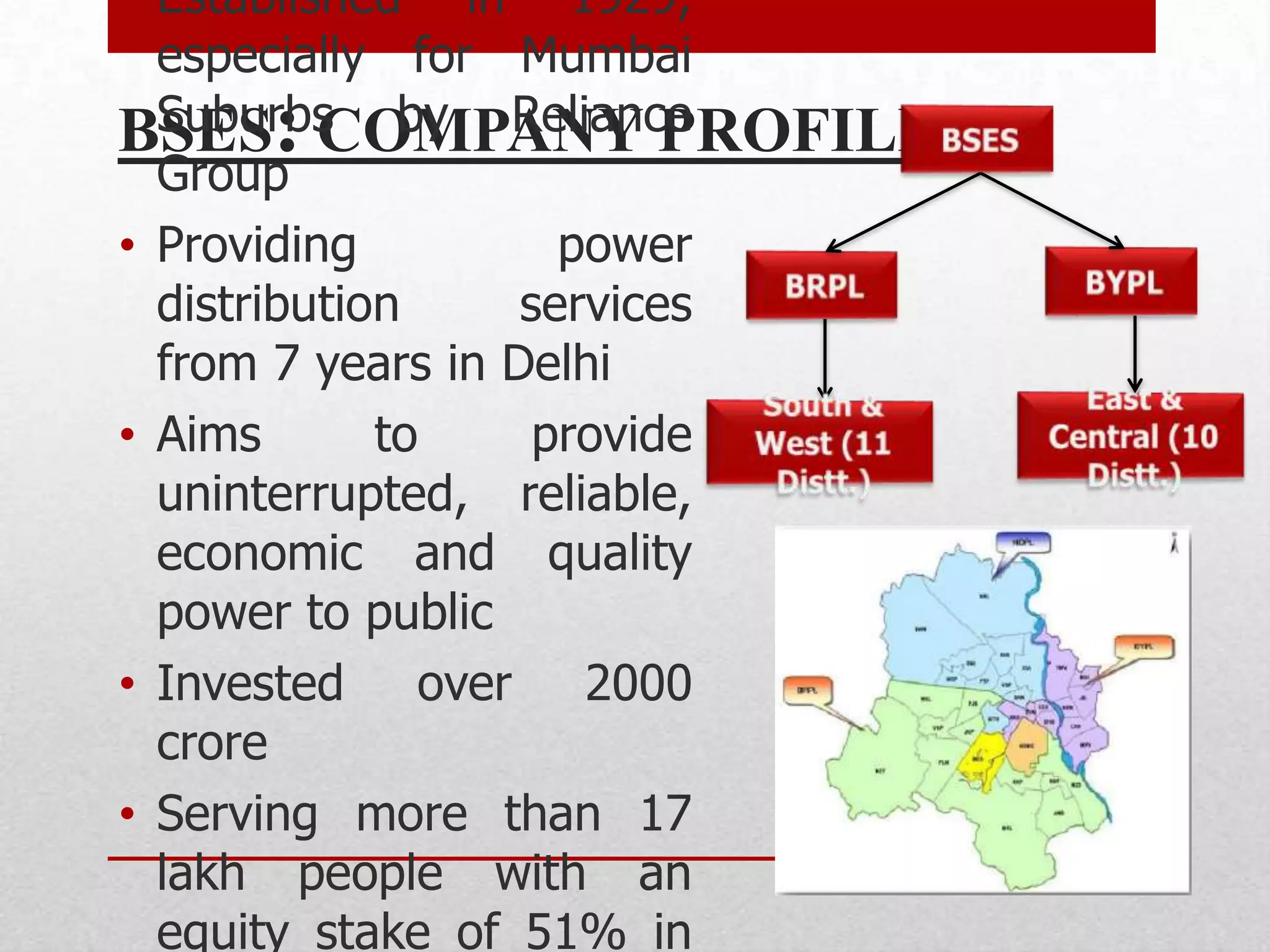 • Established in 1929,
  especially for Mumbai
  Suburbs by Reliance
     :
BSES COMPANY PROFILE
  Group
• Providing          power
  distribution     services
  from 7 years in Delhi
• Aims       to     provide
  uninterrupted, reliable,
  economic and quality
  power to public
• Invested over 2000
  crore
• Serving more than 17
  lakh people with an
  equity stake of 51% in
 